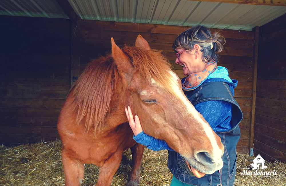 Une femme caresse un poney tout en souriant.
